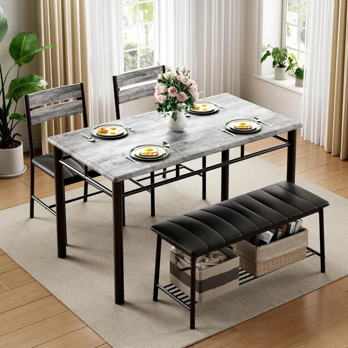 Ironck Dining Table Set for Small Space With Bench Chairs