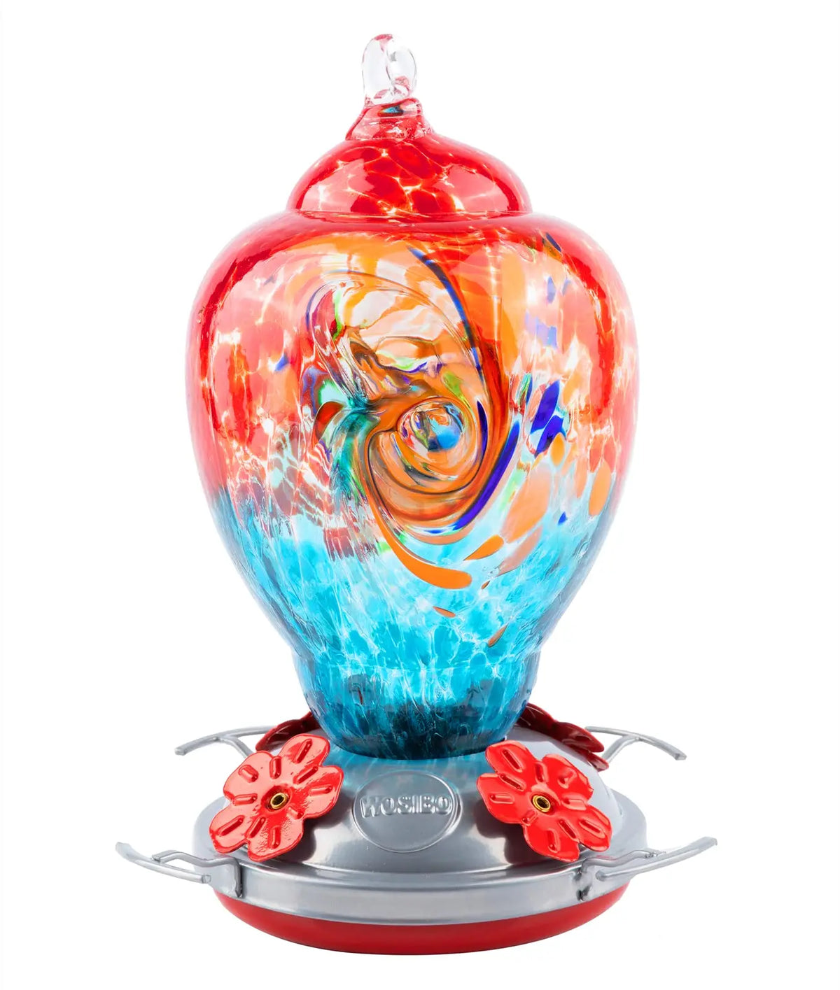 Hand Blown Glass Hummingbird Feeder With Ant Moat For Gardens
