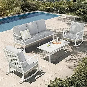 Outdoor 4-Piece Patio Set With Metal And Rattan Rocking Chairs And Marble Table