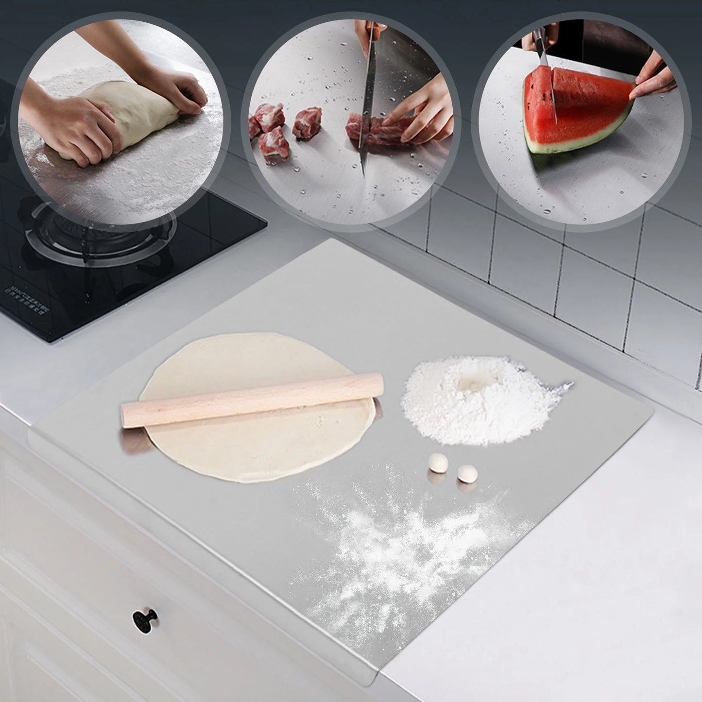 Stainless Steel Chopping Board With L Shaped Edge For Kitchen Counter Protection