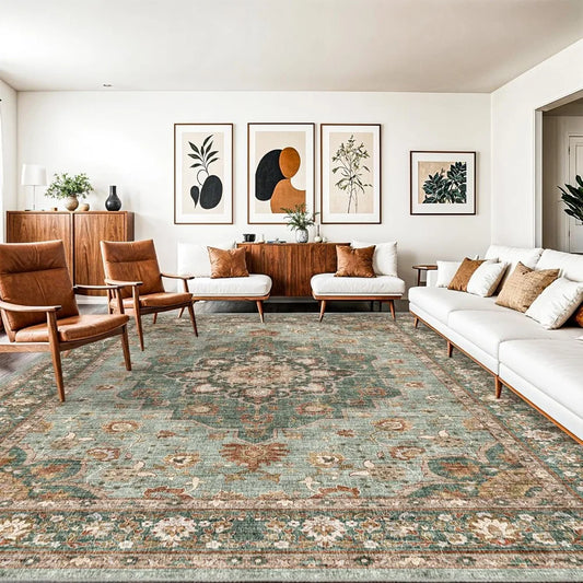 Oriental Washable Area Rug Polyester Flat-Woven for Living Room