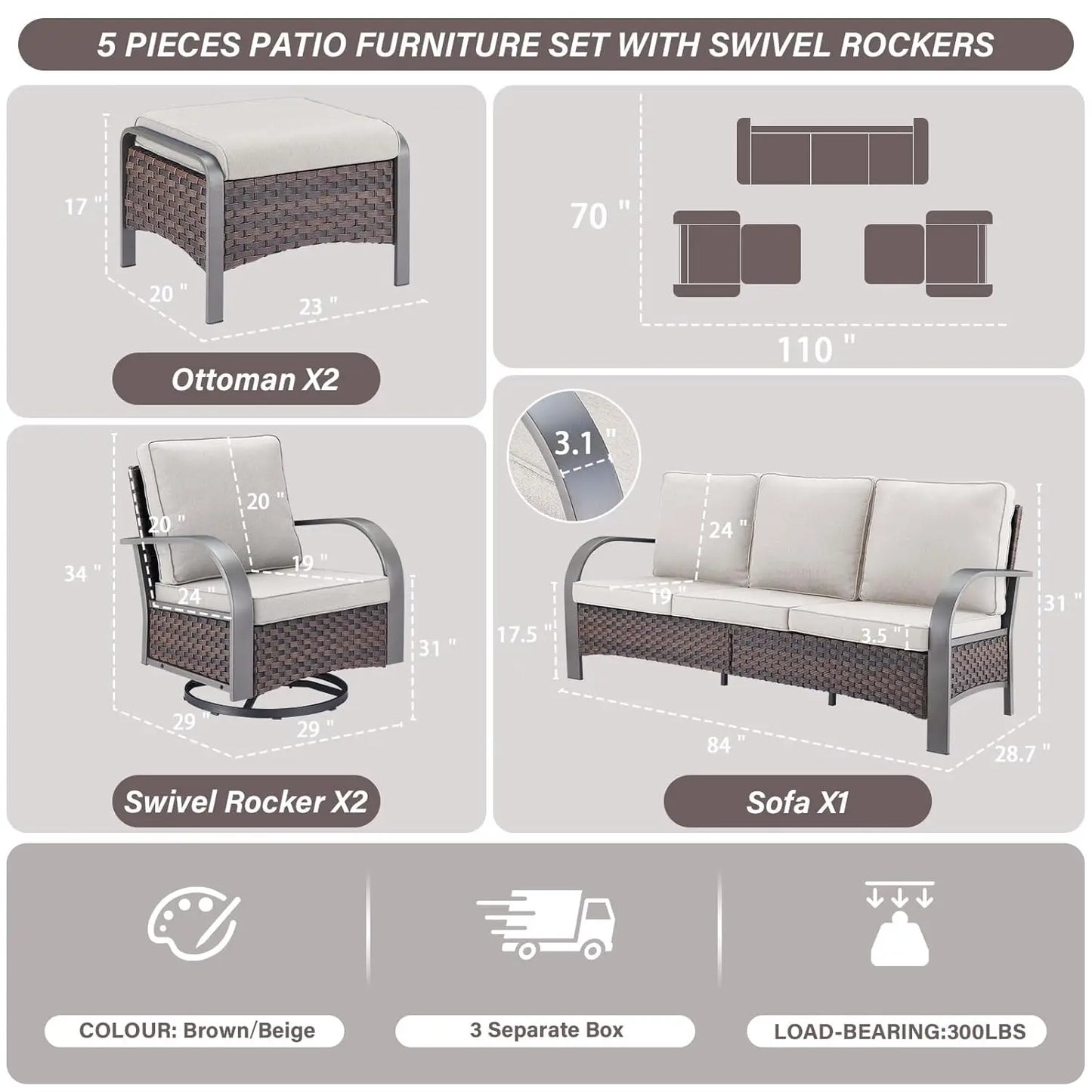 5-Piece Outdoor Patio Furniture Set All-Weather Wicker Chairs