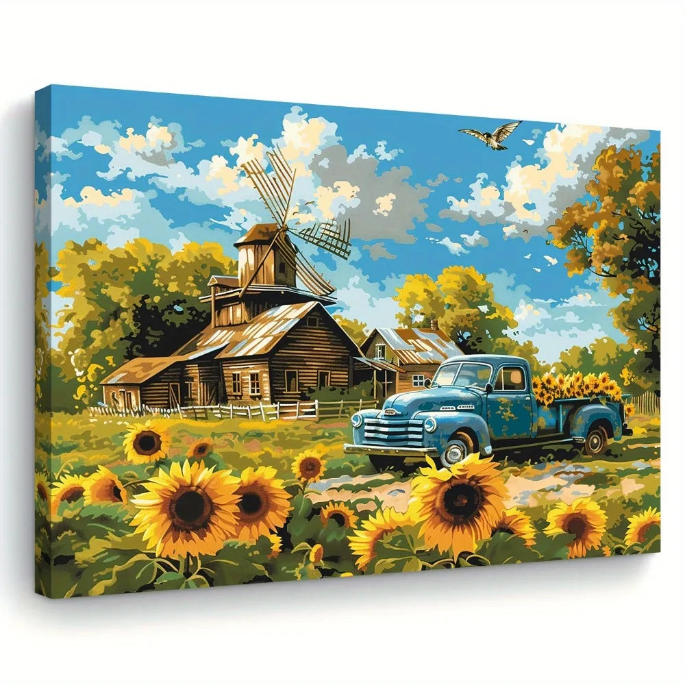 Sunflower Canvas Wall Art Blue Truck Landscape Decor