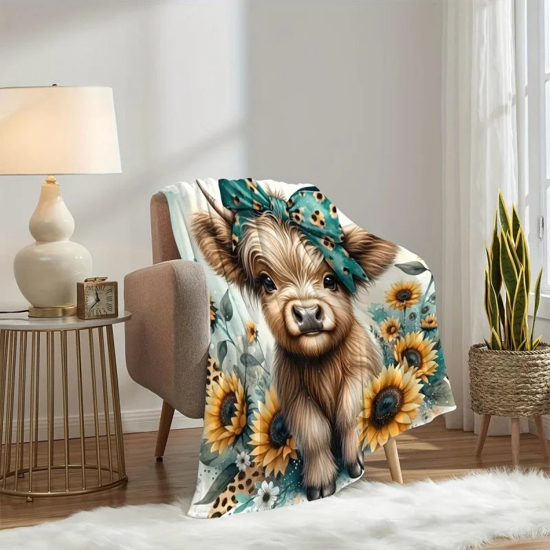 Highland Cow and Sunflower Hug Blanket Digital Print Flannel