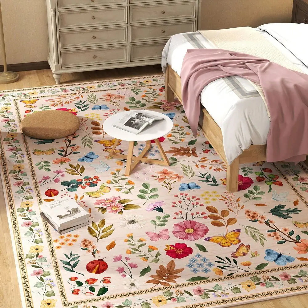 Floral Butterfly Area Rug Washable Non Slip Living Room Bedroom