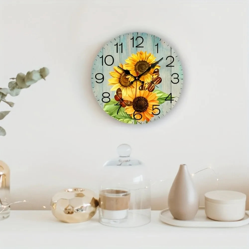 JFHT Wood Sunflower And Butterfly Decorative Silent Wall Clock