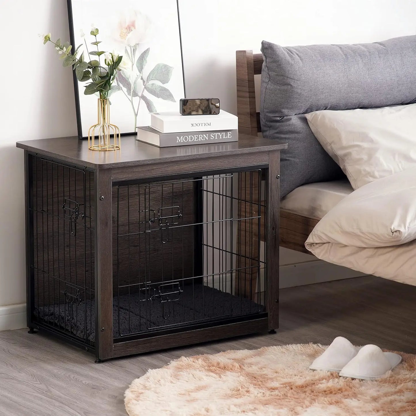 Wooden Dog Crate Furniture With Cushion And Double Doors
