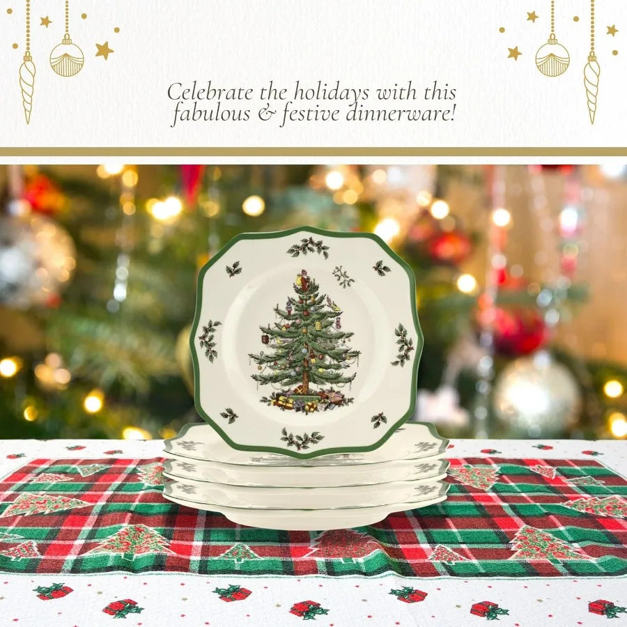 Christmas Tree Scalloped Dinner Plates Set of 4 Stoneware Dishes
