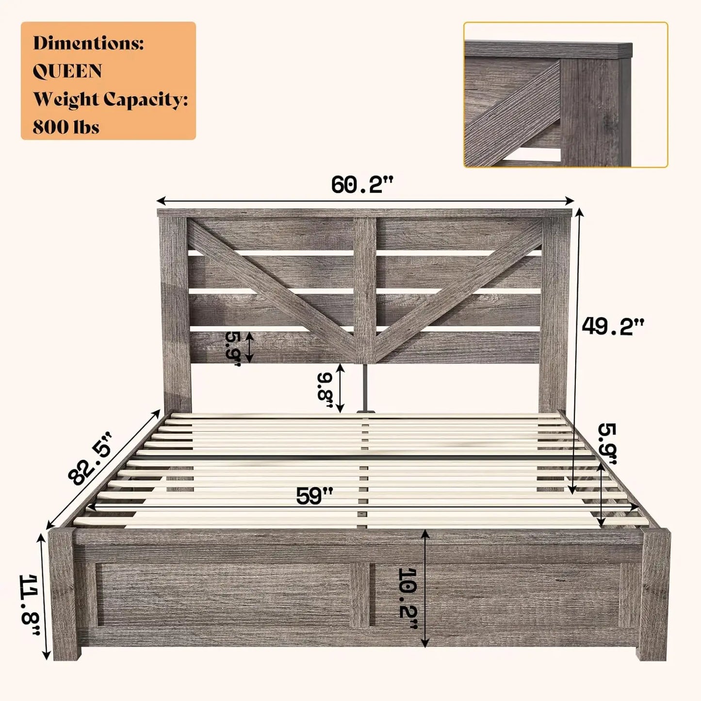 Barn Door Farmhouse Bed Frame With Engineered Wood Slats