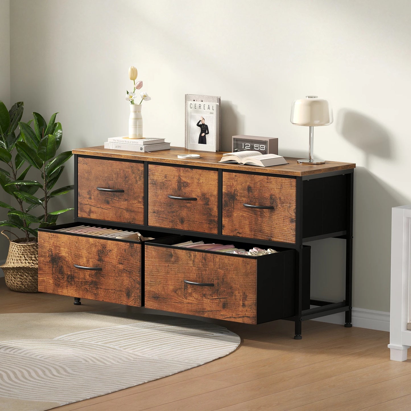 MCQ Five Drawer Fabric Storage Tower Wooden Top Metal Frame
