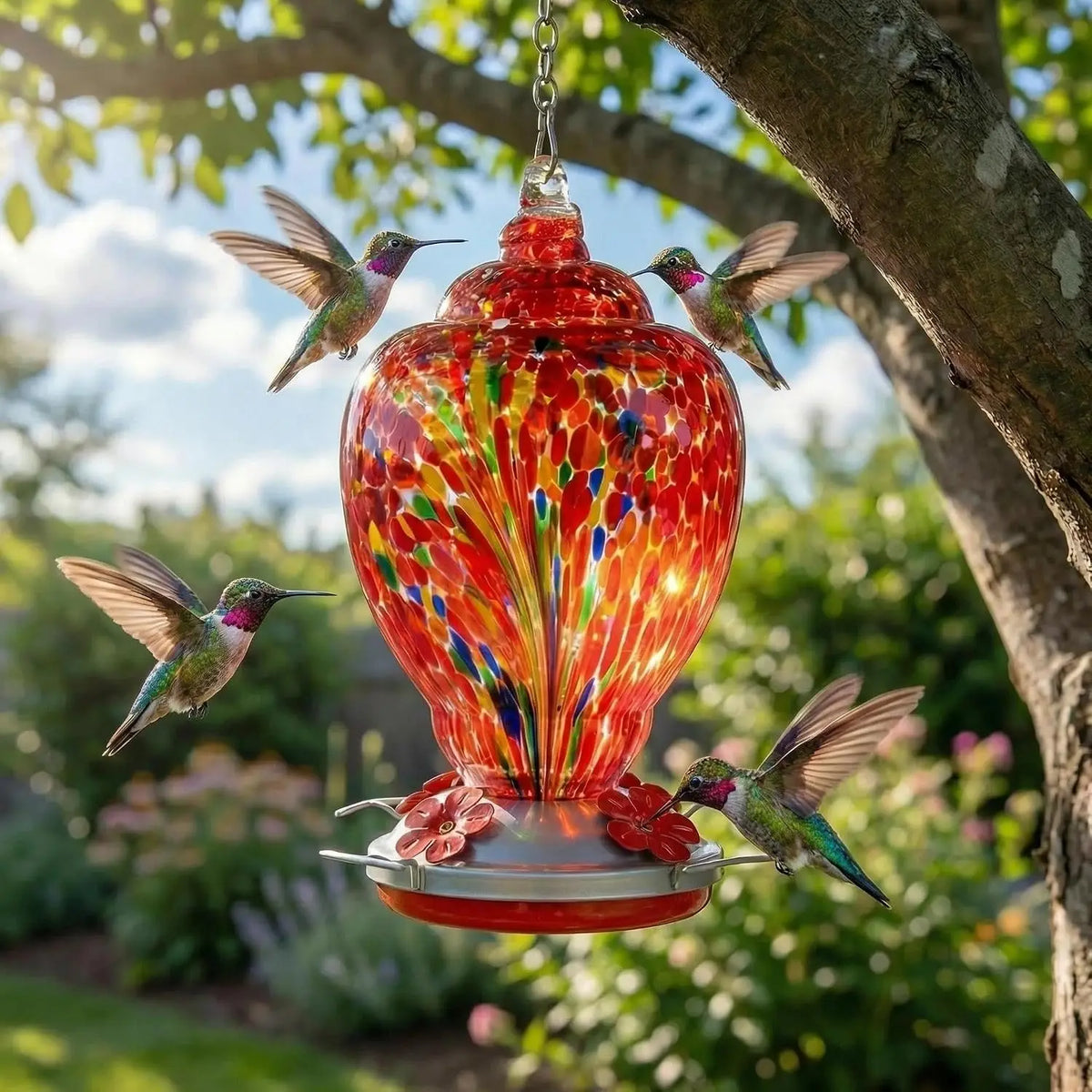 Hand Blown Glass Hummingbird Feeder With Ant Moat For Gardens