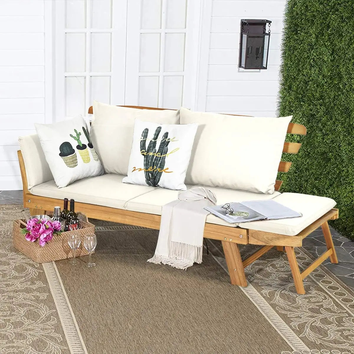 Convertible Acacia Wood Outdoor Sofa Bed With Adjustable Armrest