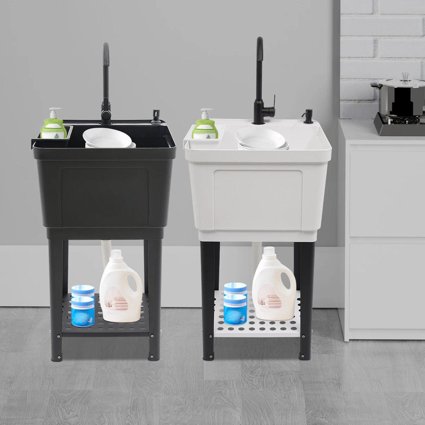 Freestanding Laundry Sink With Soap Dispenser And Storage Rack