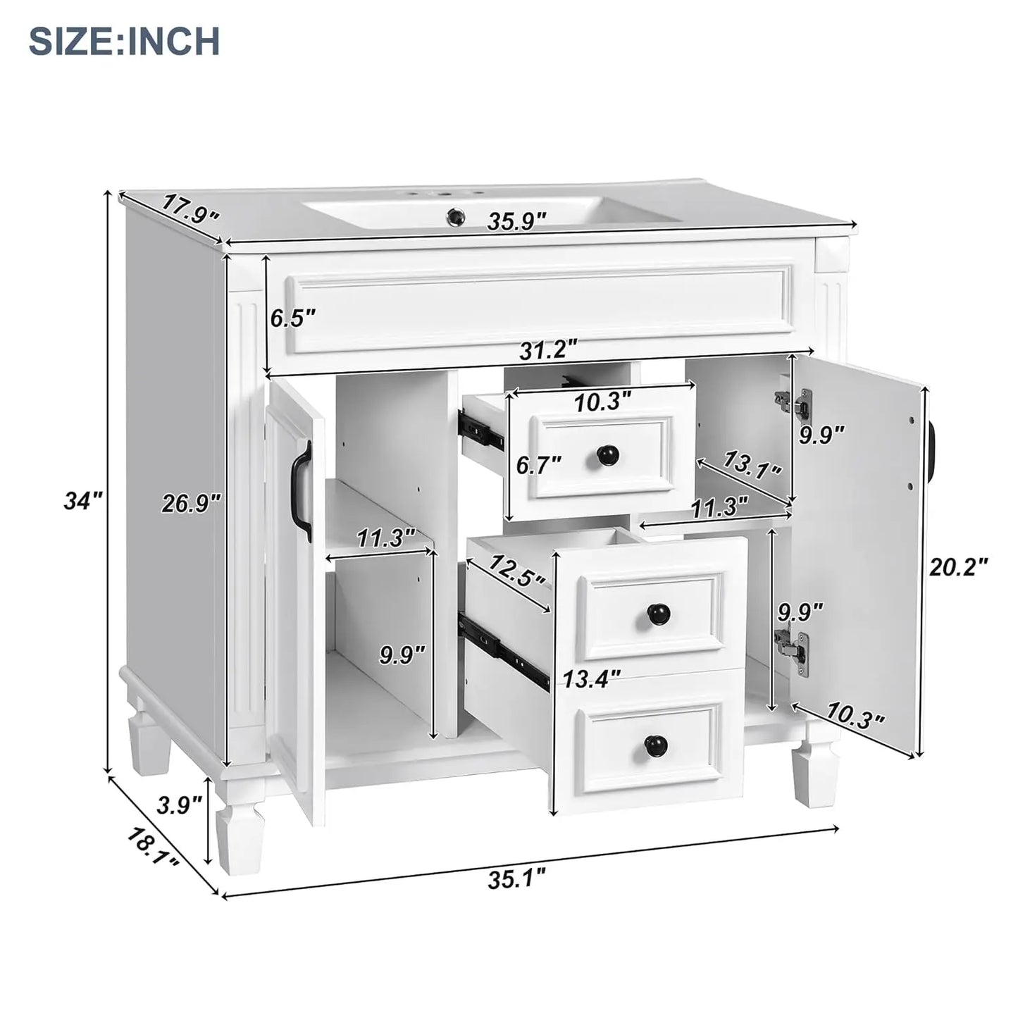 Bathroom Vanity Cabinet Freestanding Integrated Sink With Two Doors Drawers