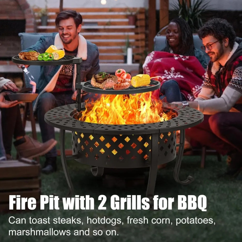 P Wood Burning Fire Pit With Grills And Lid