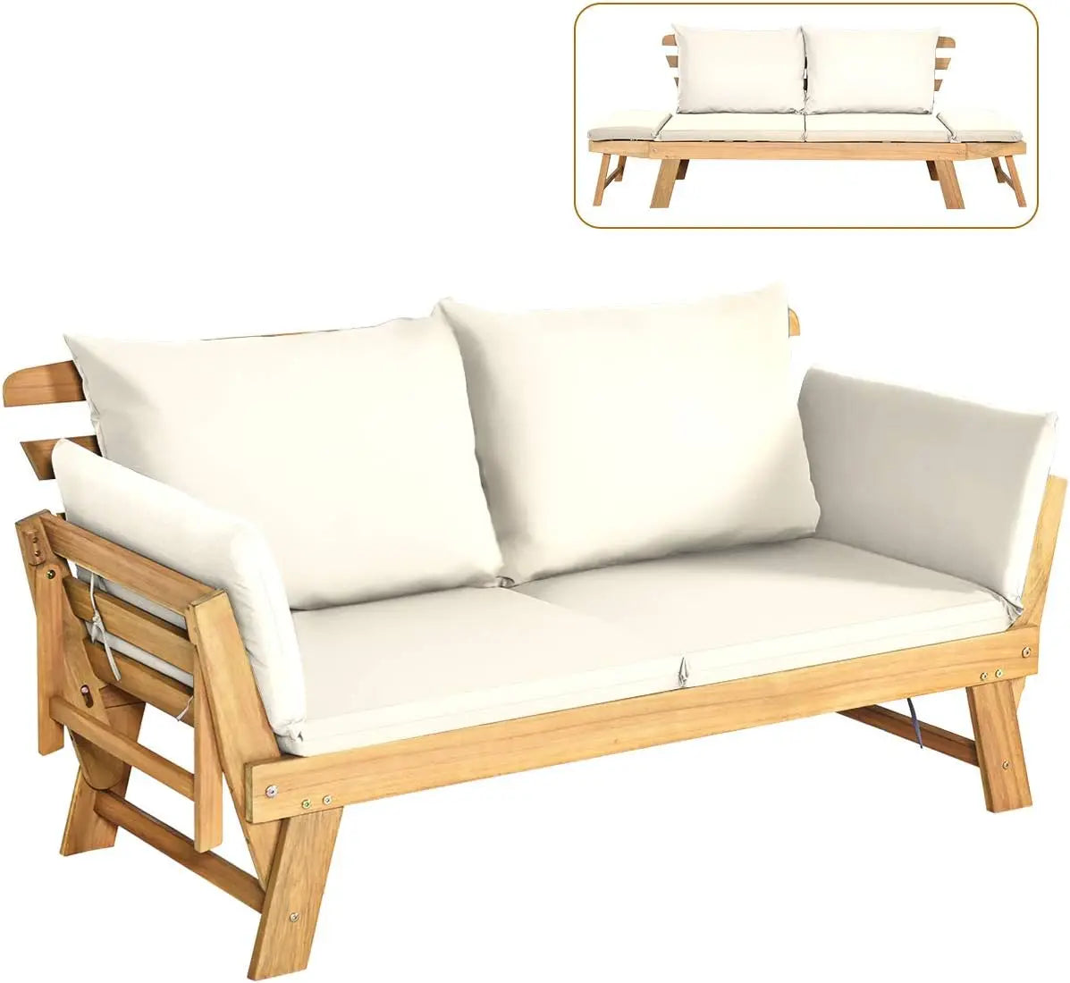 Convertible Acacia Wood Outdoor Sofa Bed With Adjustable Armrest