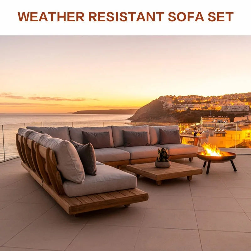Outdoor Solid Teak Sofa Set with Waterproof Cushions for Patio