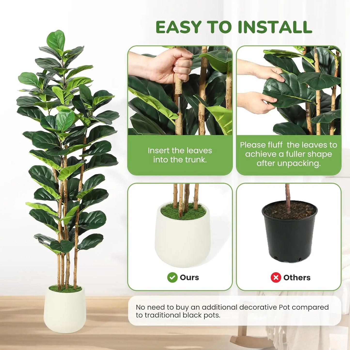 HiMISSCN Artificial Fiddle Leaf Fig Tree With Pot For Home Decor