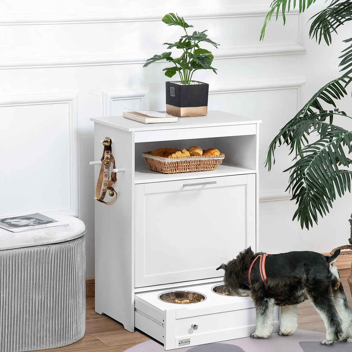 Pet Feeder Station With Storage And Two Raised Dog Bowls