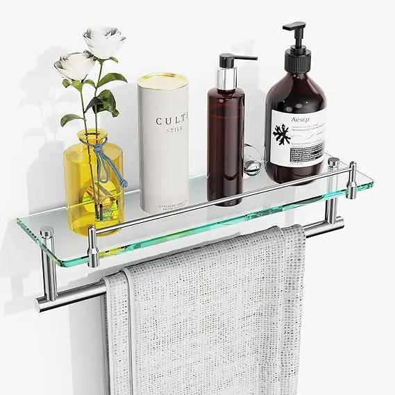 Glass Bathroom Shelf With Towel Bar In Brushed Nickel Finish
