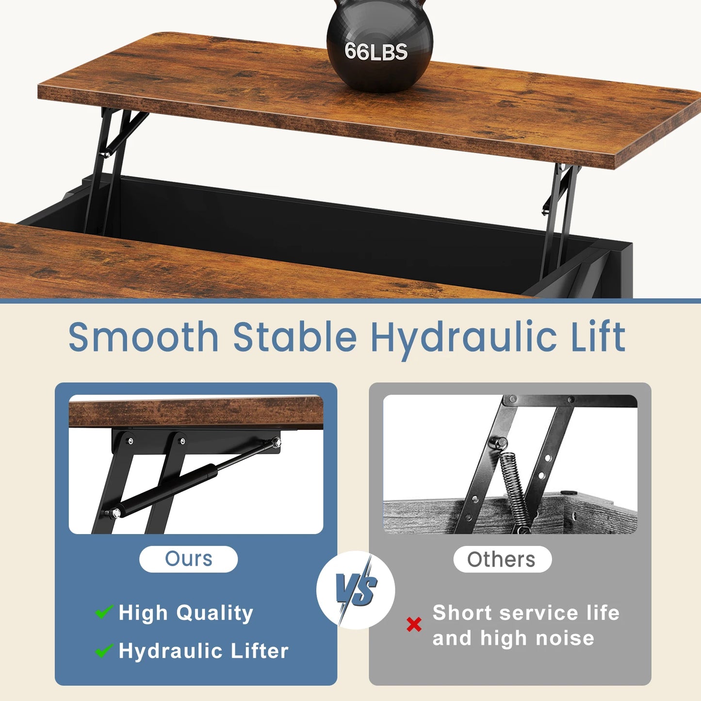 MCQ Wood Lift Top Coffee Table With Storage Shelf Adjustable