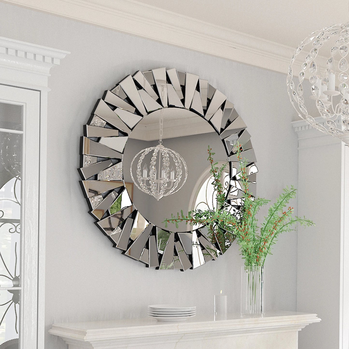 Sunburst Round Wall Mirror With Beveled Glass Wall Decor