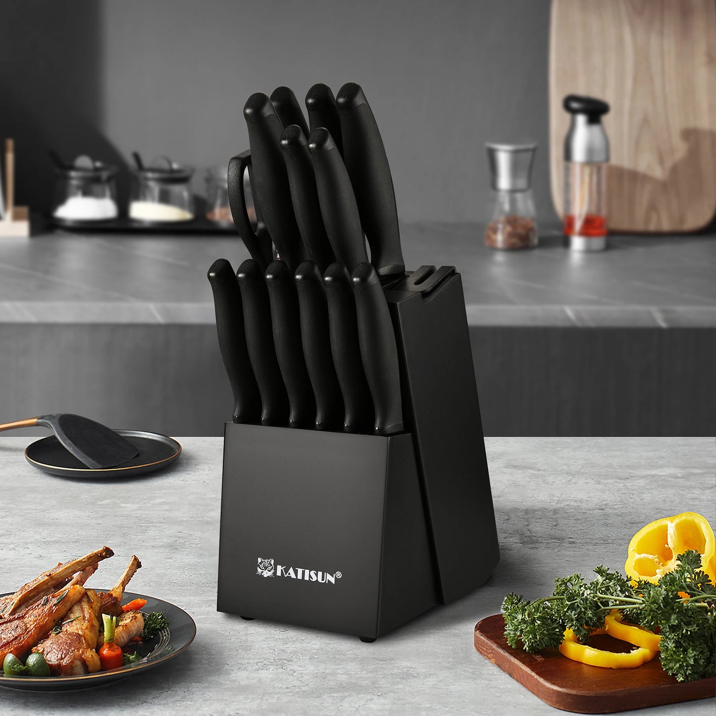 KATISUN Carbon Steel Kitchen Knife Block Set With Sharpener