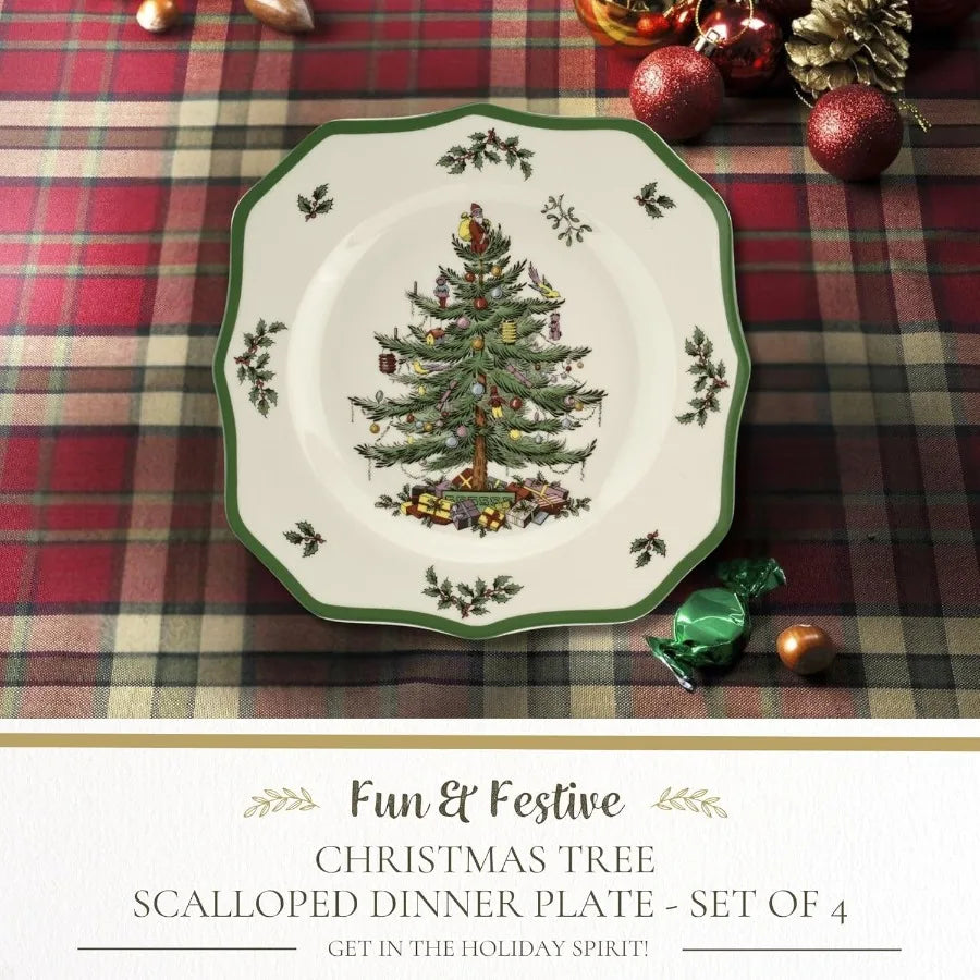 Christmas Tree Scalloped Dinner Plates Set of 4 Stoneware Dishes