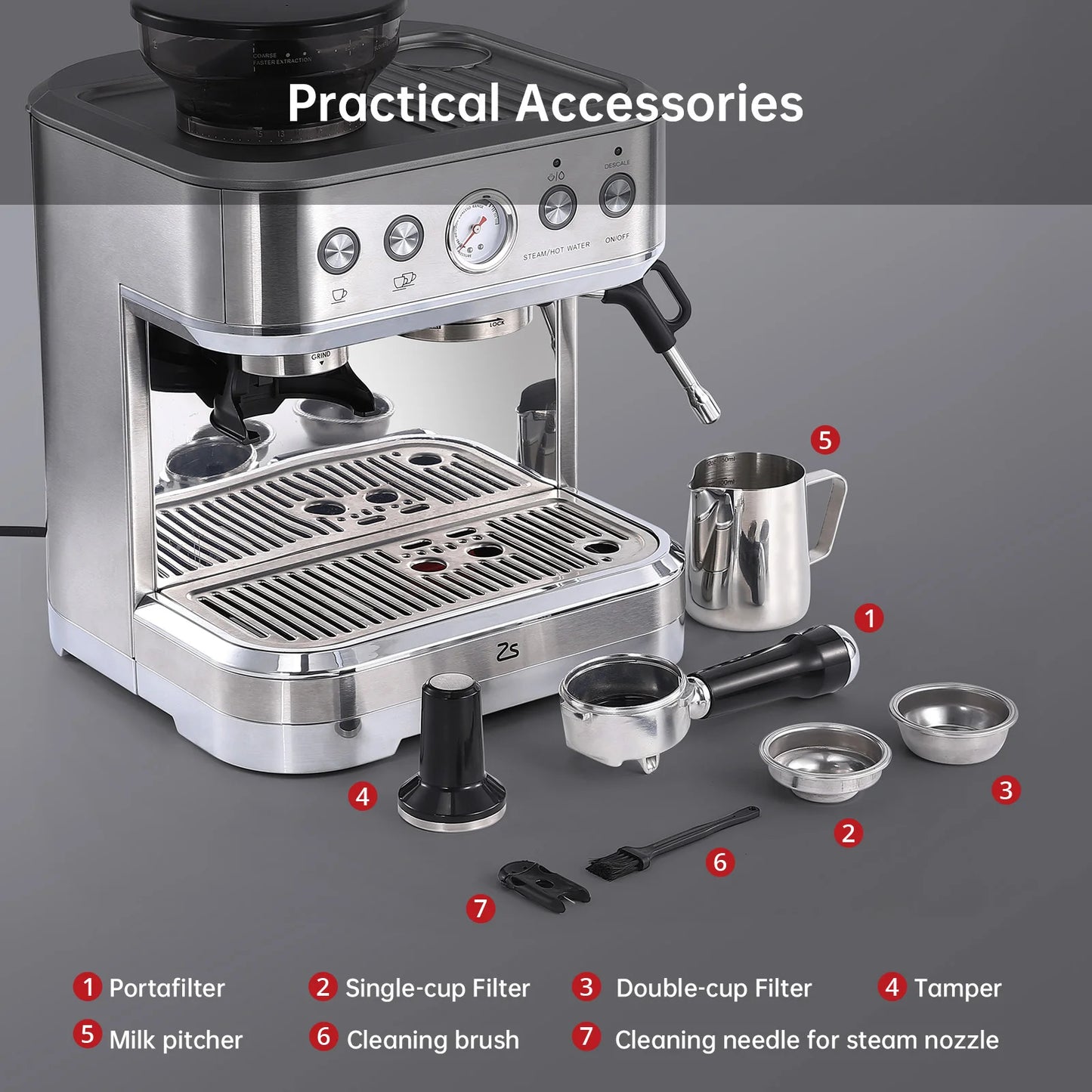 Acekool Espresso Machine With Grinder Stainless Steel Milk Frother