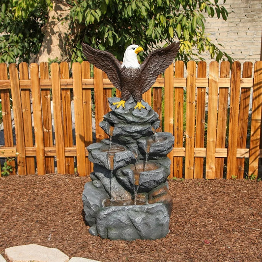 YZM Bald Eagle Outdoor Fountain Tiered Cascading Rock Feature