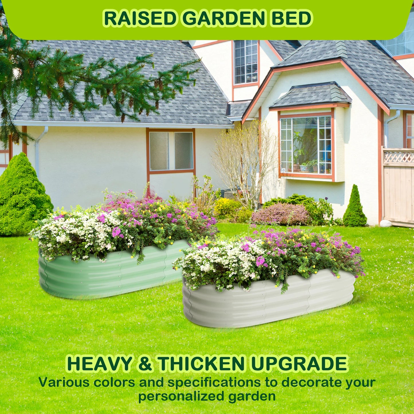 HiMISS Oval Galvanized Raised Garden Bed Set Outdoor Planters