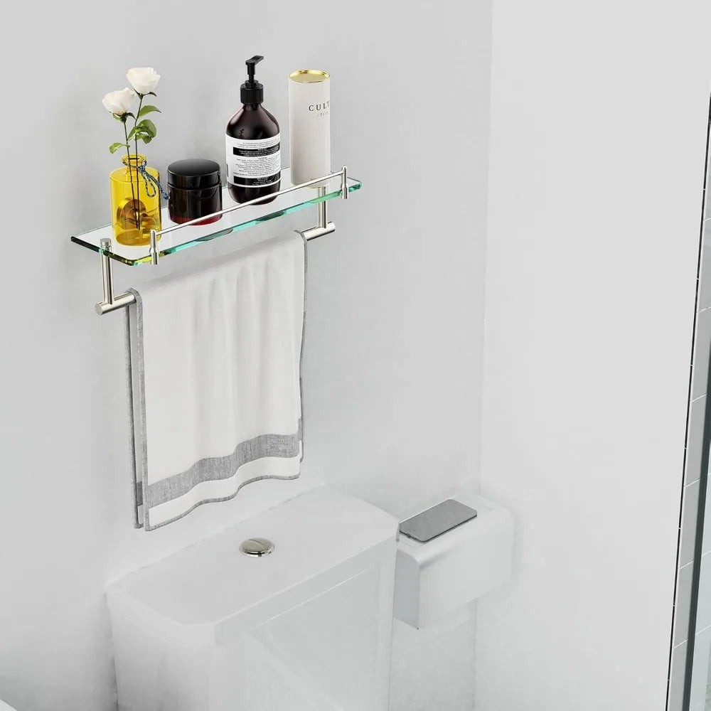 Glass Bathroom Shelf With Towel Bar In Brushed Nickel Finish