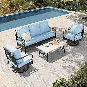 Outdoor 4-Piece Patio Set With Metal And Rattan Rocking Chairs And Marble Table