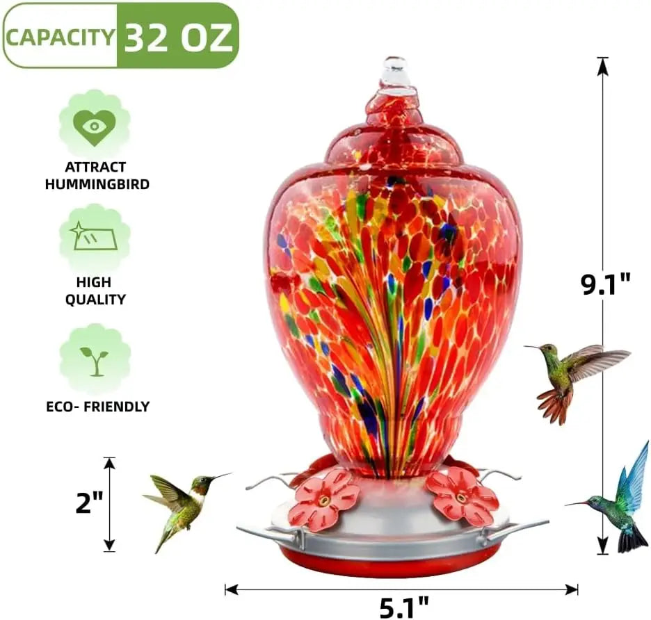 Hand Blown Glass Hummingbird Feeder With Ant Moat For Gardens