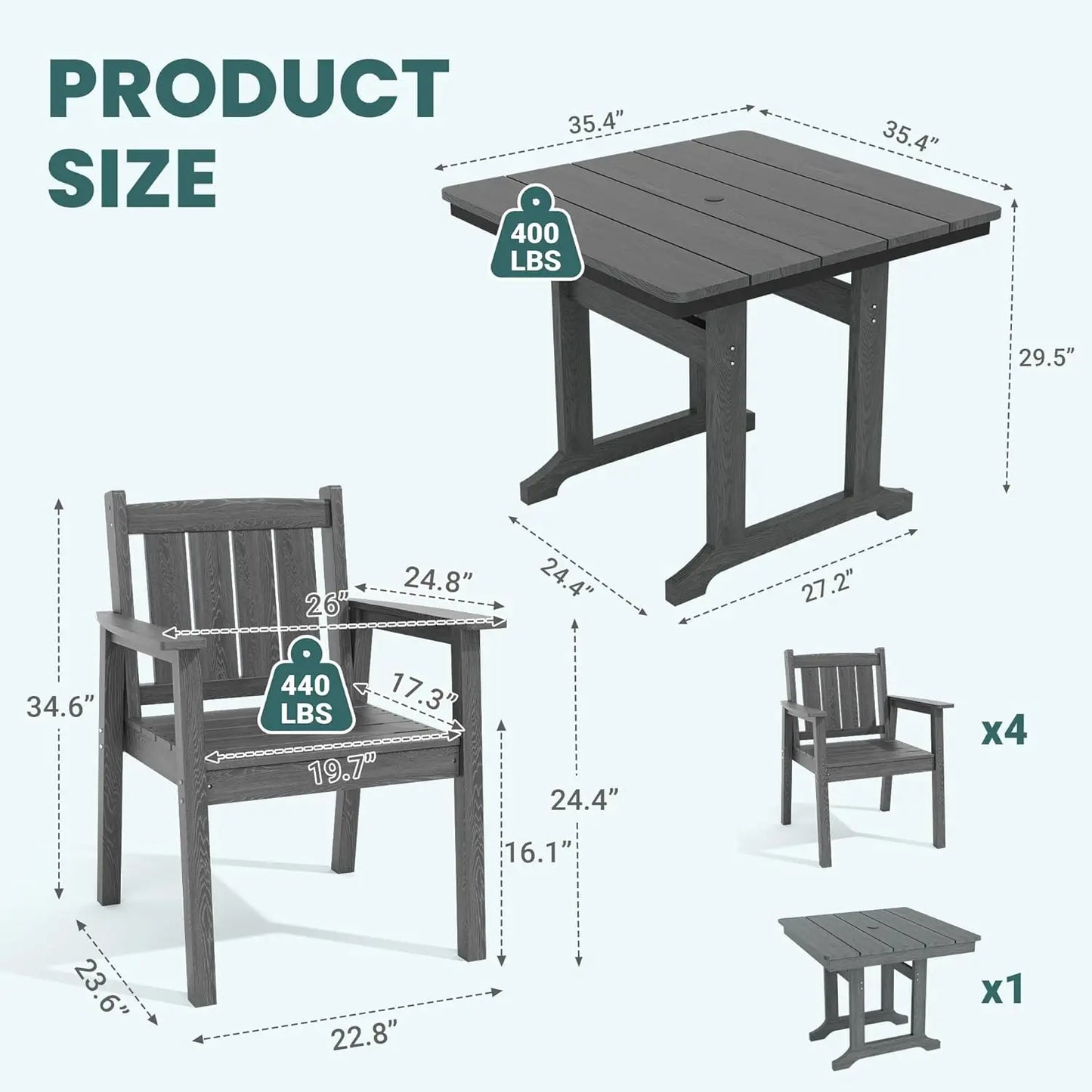 Outdoor HDPE Dining Set With Wood Grain Table And Chairs