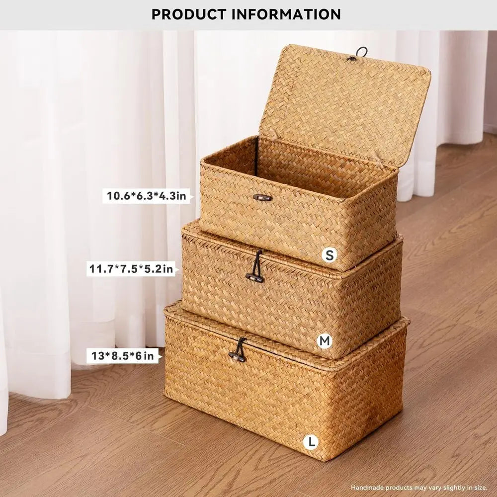 Natural Seagrass Storage Baskets With Lid Three Piece Set