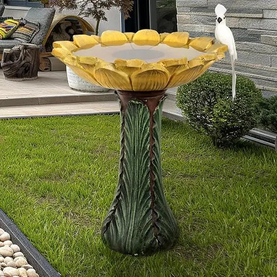 Concrete Outdoor Bird Bath With Sunflower Bowl And Leaf Pedestal