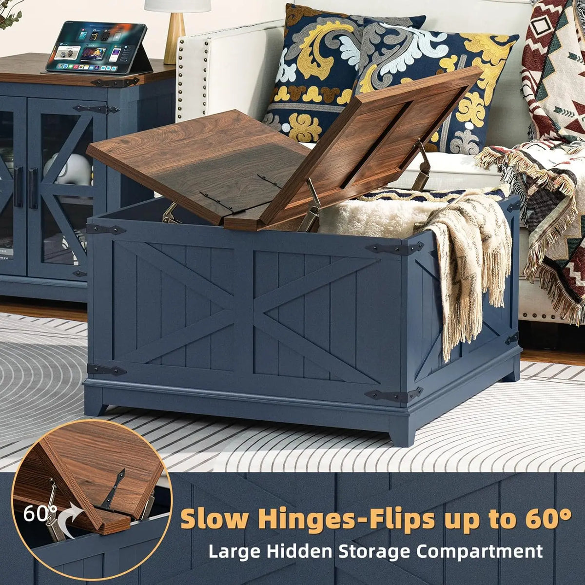 Farmhouse Coffee Table Set with Glass Barn Door Storage