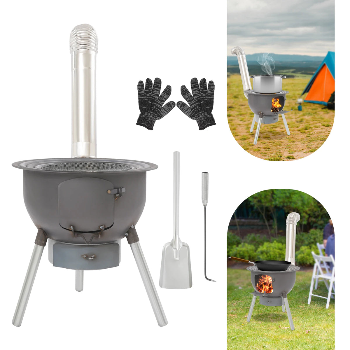 Portable Wood Burning Stove with Grill and Three Pot Rings