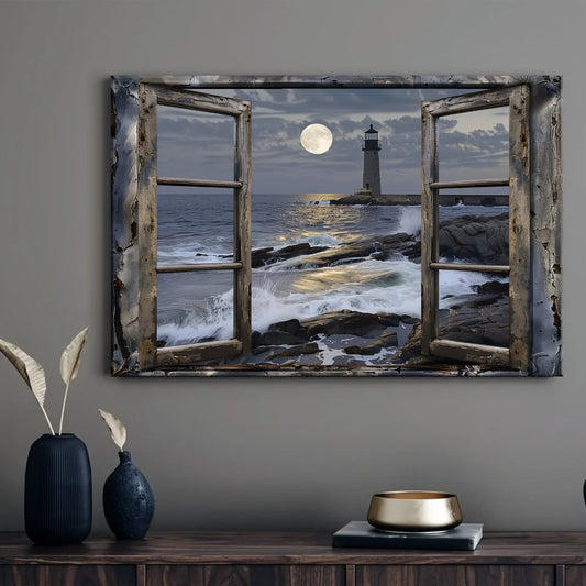 Coastal Lighthouse Beach Wall Mural With Wood Frame Art
