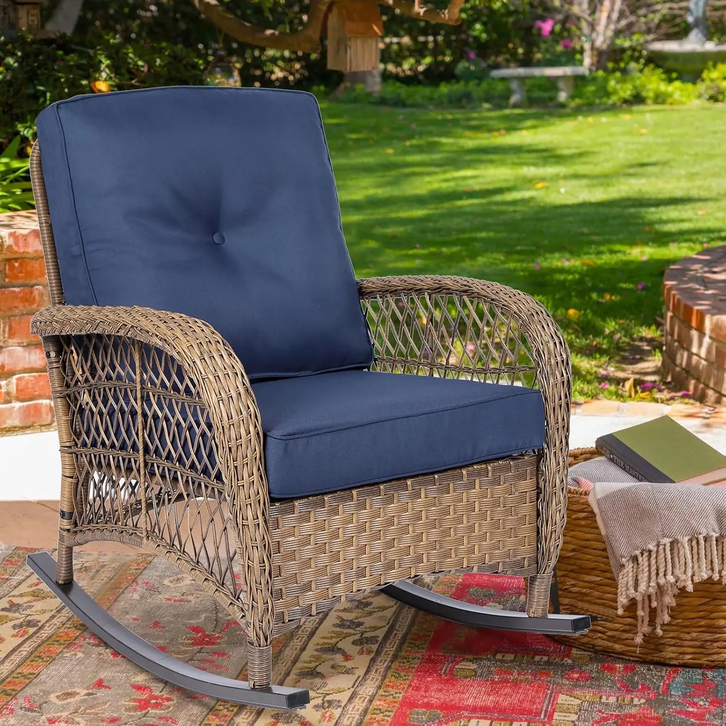 All Weather Wicker Rocking Chair For Garden High Back Outdoor Patio