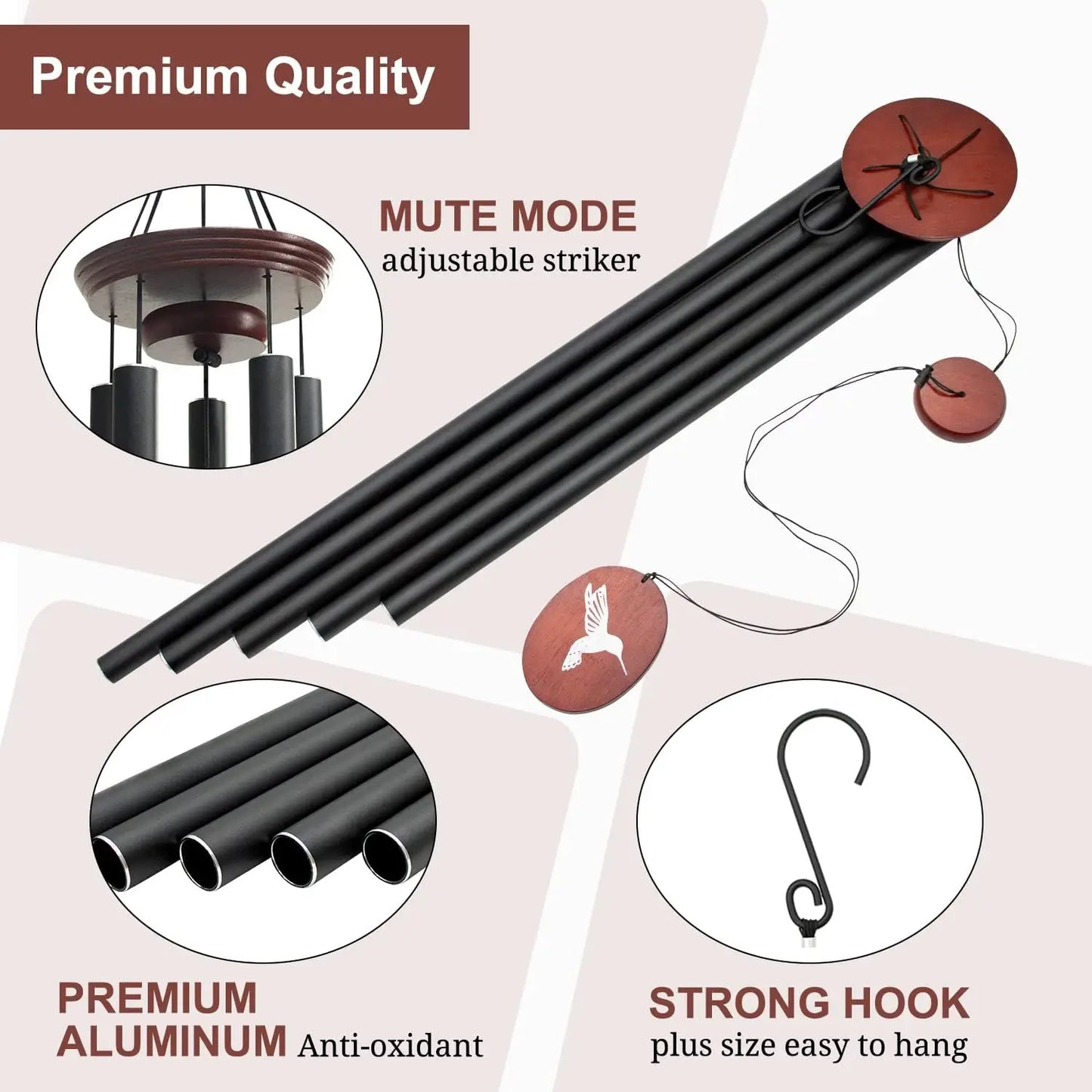 Patio Wind Chimes Deep Tones With 5 Tuned Aluminum Tubes