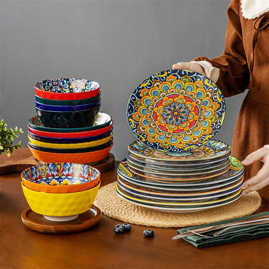 Retro 24-Piece Ceramic Dinnerware Set With Plates And Bowls