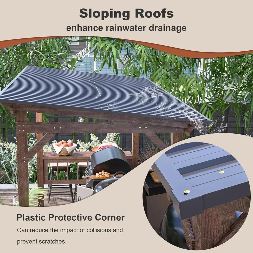 Wooden Pergola Gazebo With Metal Roof And Bar Counters
