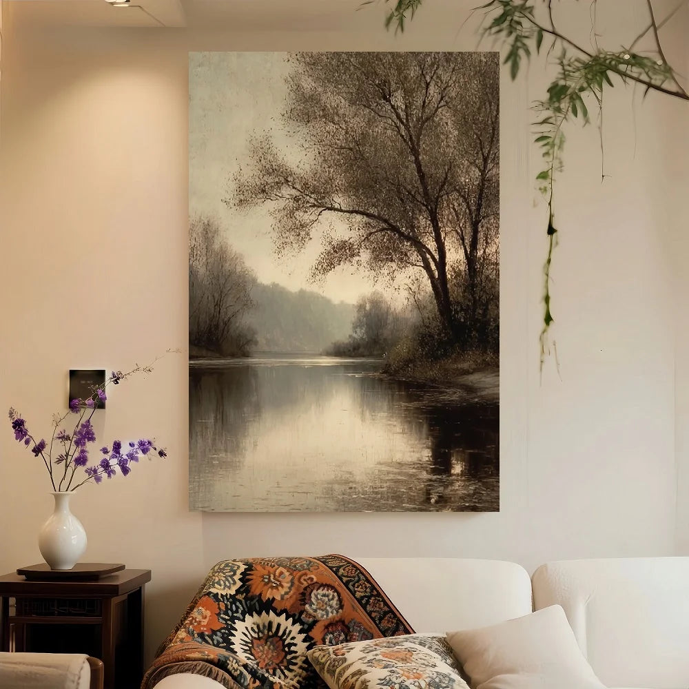 Framed Vintage Moody River Tree Landscape Canvas Wall Art