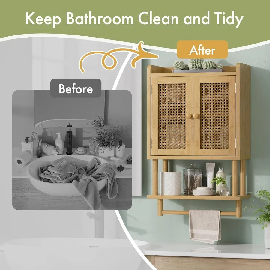 XIUWO Bamboo Bathroom Wall Cabinet With Rattan Door