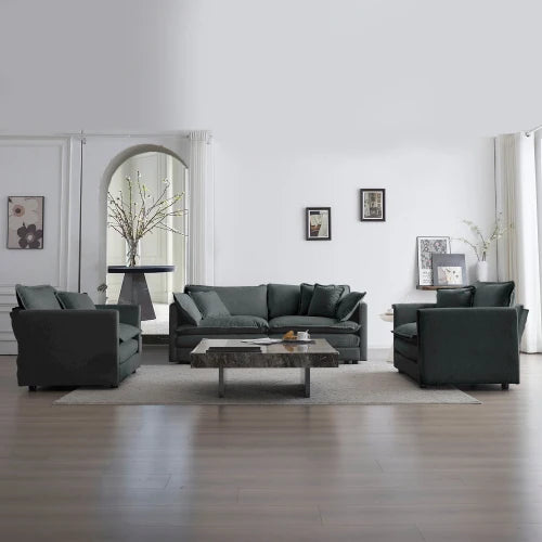 Modern Three Piece Sofa Set With Armchairs And Toss Pillows