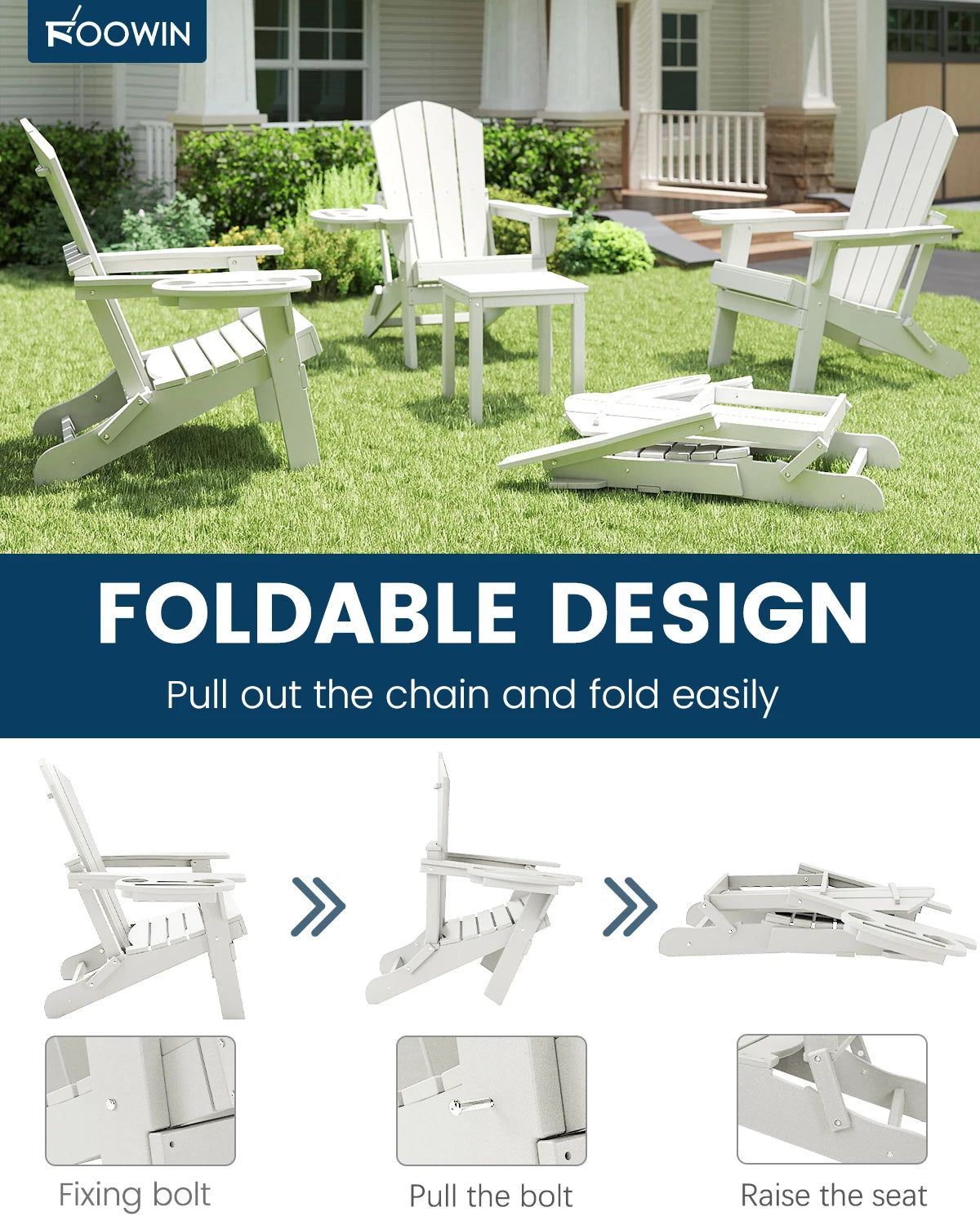 FOOWIN Folding Adirondack Chair Weather Resistant HDPE With Cup Holder