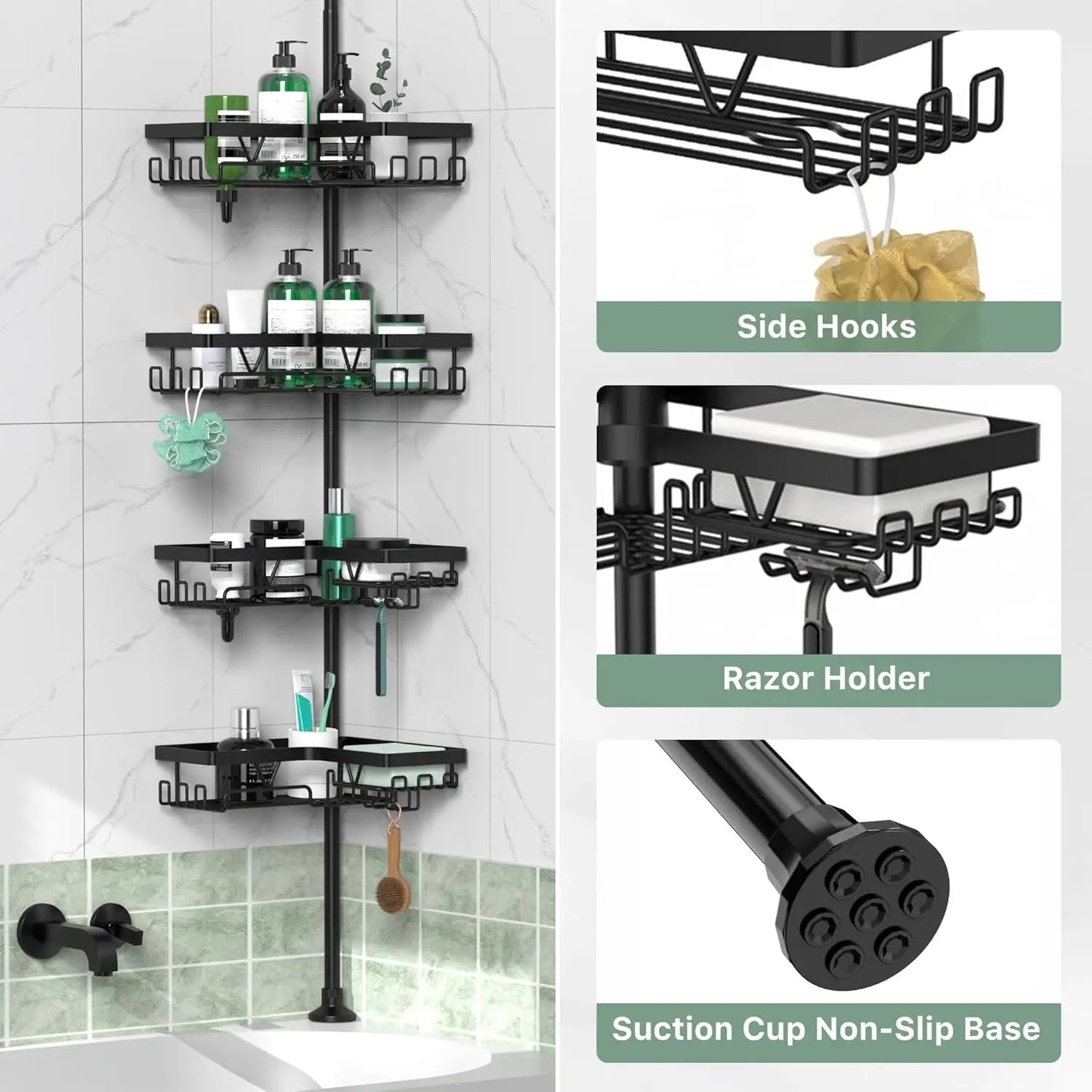 Stainless Steel 4-Tier Shower Caddy Tension Pole For Bathroom