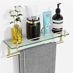 Glass Bathroom Shelf With Towel Bar In Brushed Nickel Finish